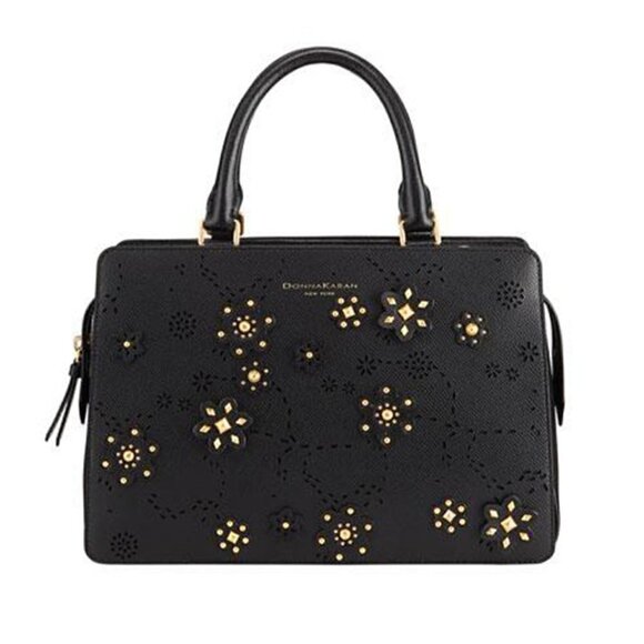 Donna Karan Handbags - NWT Donna Karan Rina Black Leather Gold Floral Embellished Crossbody Tote Bag